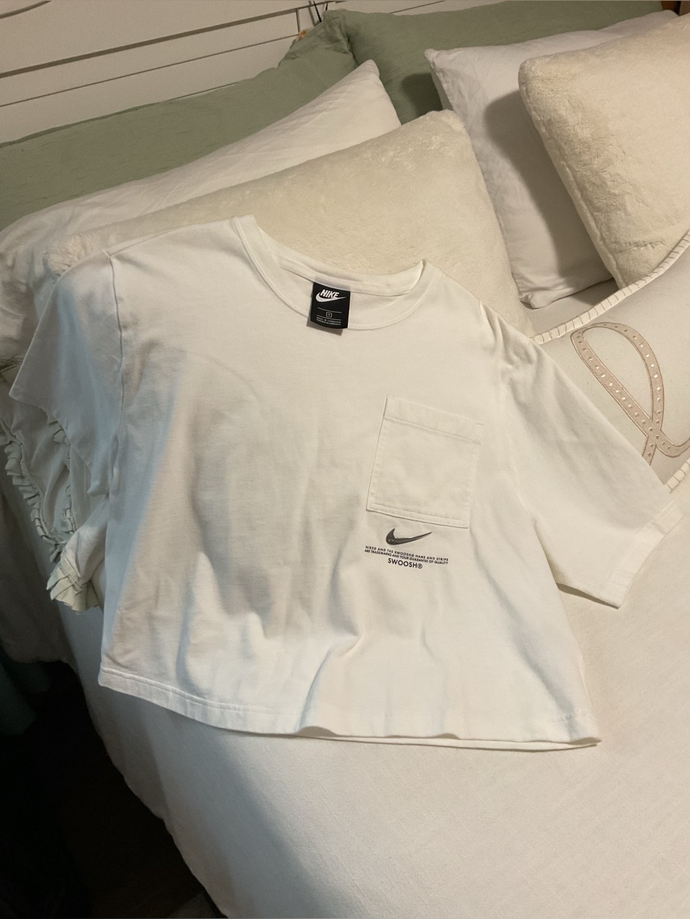 Nike Sportswear Swoosh woman’s short sleeve white Top/silver swoosh detailing